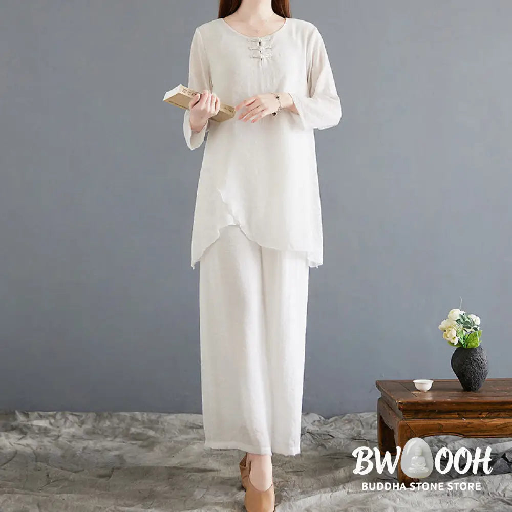 BWOOOH 2Pcs Beige Chinese Frog-Button Design Long Sleeve Shirt Top Pants Meditation Zen Tai Chi Cotton Linen Clothing