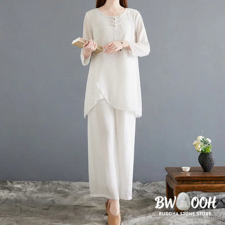 BWOOOH 2Pcs Beige Chinese Frog-Button Design Long Sleeve Shirt Top Pants Meditation Zen Tai Chi Cotton Linen Clothing