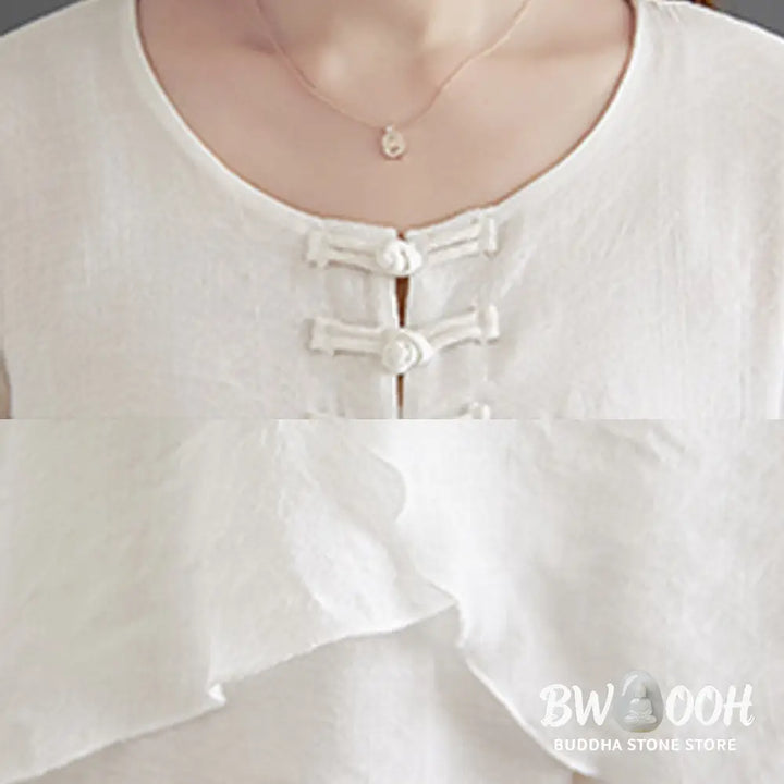 BWOOOH 2Pcs Beige Chinese Frog-Button Design Long Sleeve Shirt Top Pants Meditation Zen Tai Chi Cotton Linen Clothing