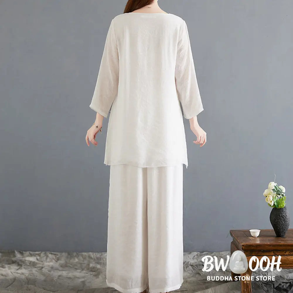 BWOOOH 2Pcs Beige Chinese Frog-Button Design Long Sleeve Shirt Top Pants Meditation Zen Tai Chi Cotton Linen Clothing
