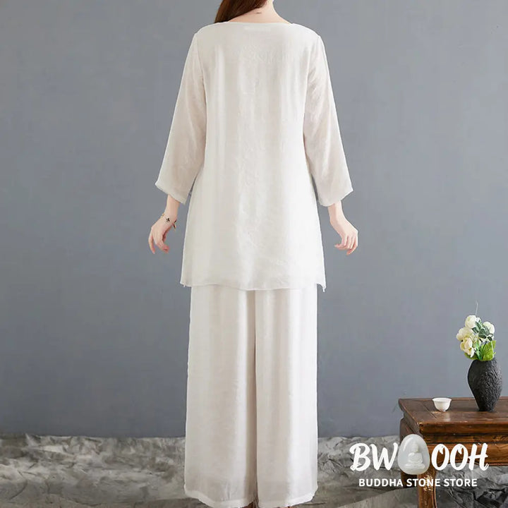 BWOOOH 2Pcs Beige Chinese Frog-Button Design Long Sleeve Shirt Top Pants Meditation Zen Tai Chi Cotton Linen Clothing