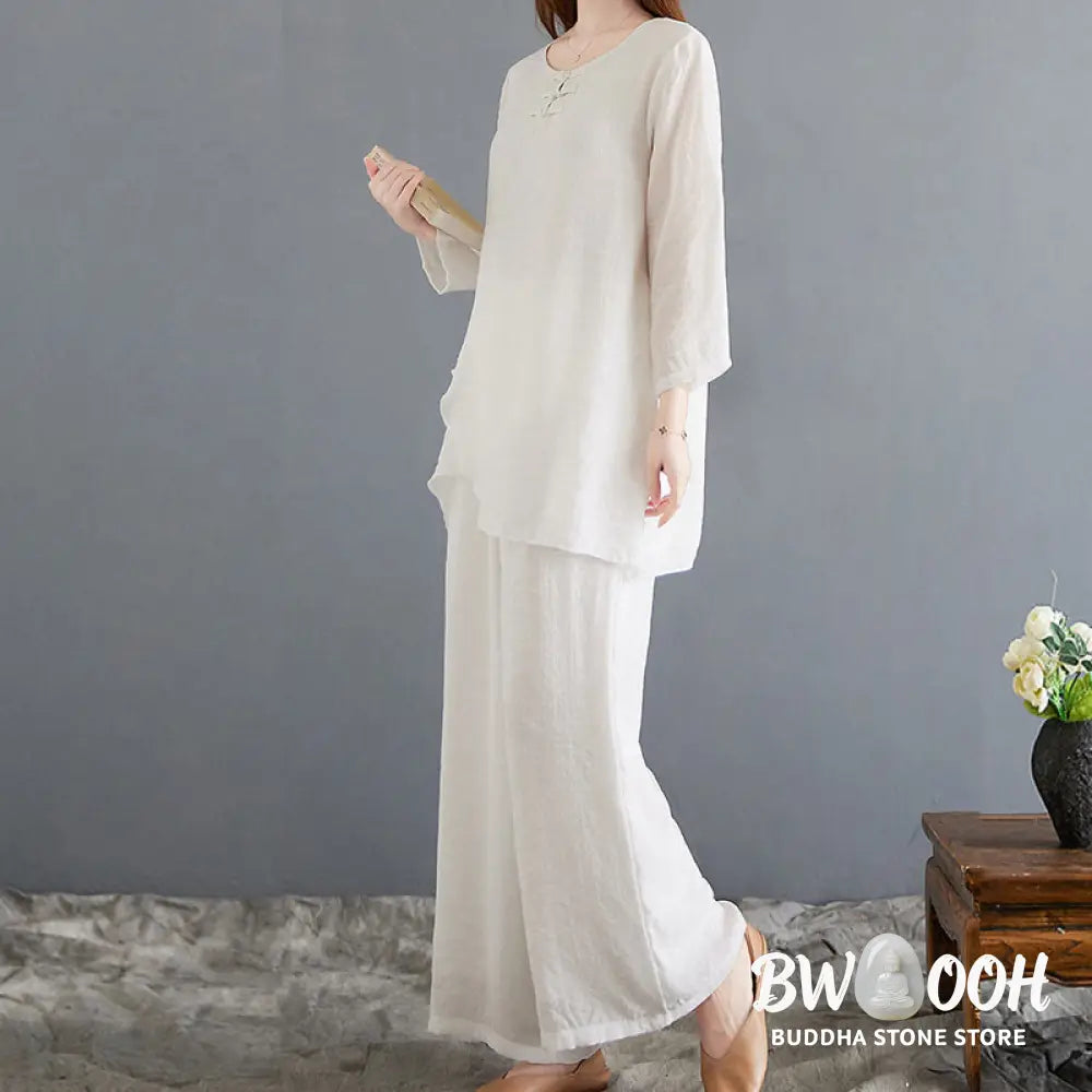 BWOOOH 2Pcs Beige Chinese Frog-Button Design Long Sleeve Shirt Top Pants Meditation Zen Tai Chi Cotton Linen Clothing