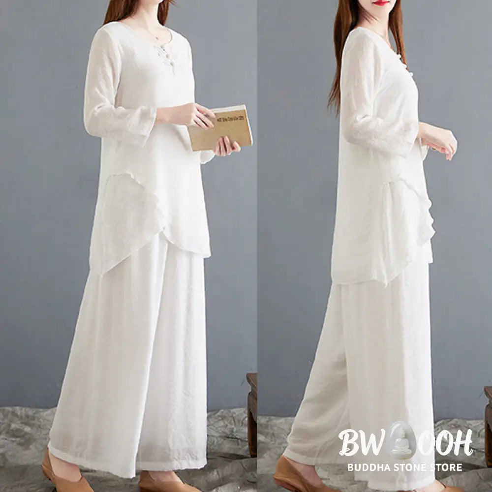 BWOOOH 2Pcs Beige Chinese Frog-Button Design Long Sleeve Shirt Top Pants Meditation Zen Tai Chi Cotton Linen Clothing