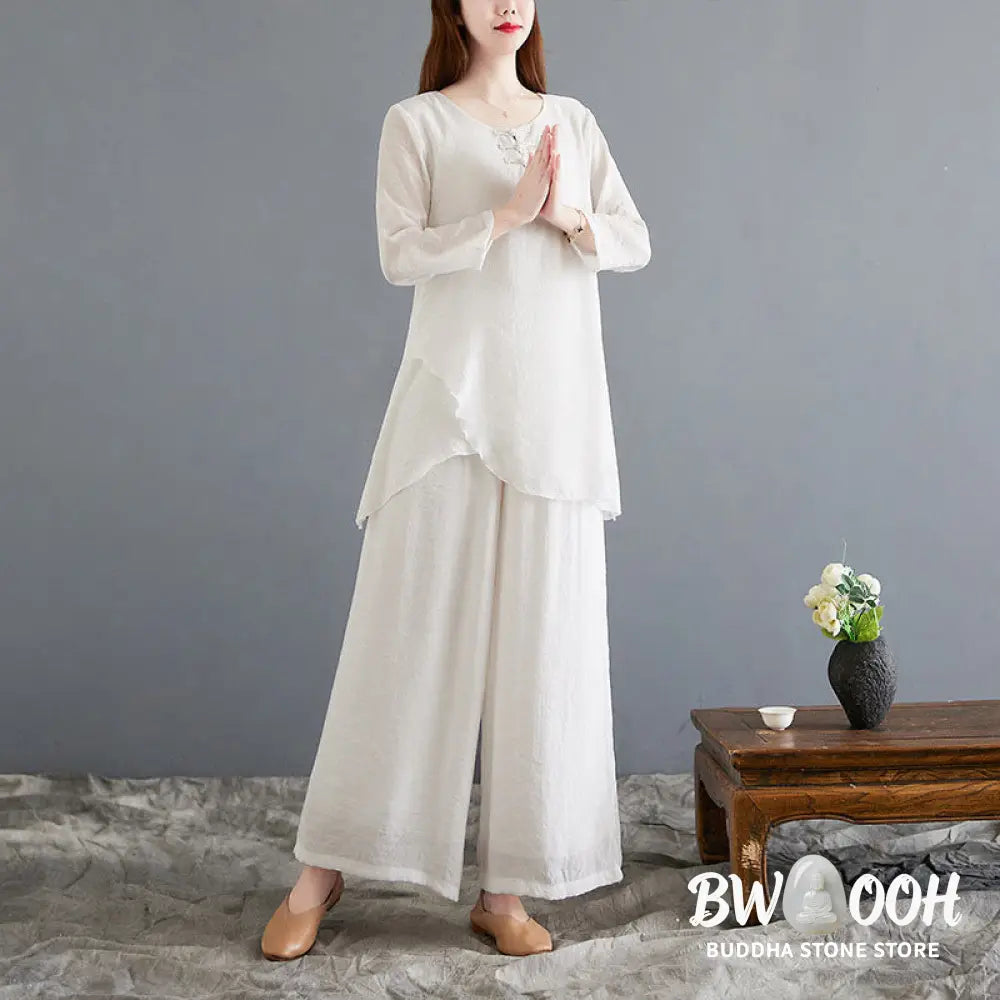 BWOOOH 2Pcs Beige Chinese Frog-Button Design Long Sleeve Shirt Top Pants Meditation Zen Tai Chi Cotton Linen Clothing