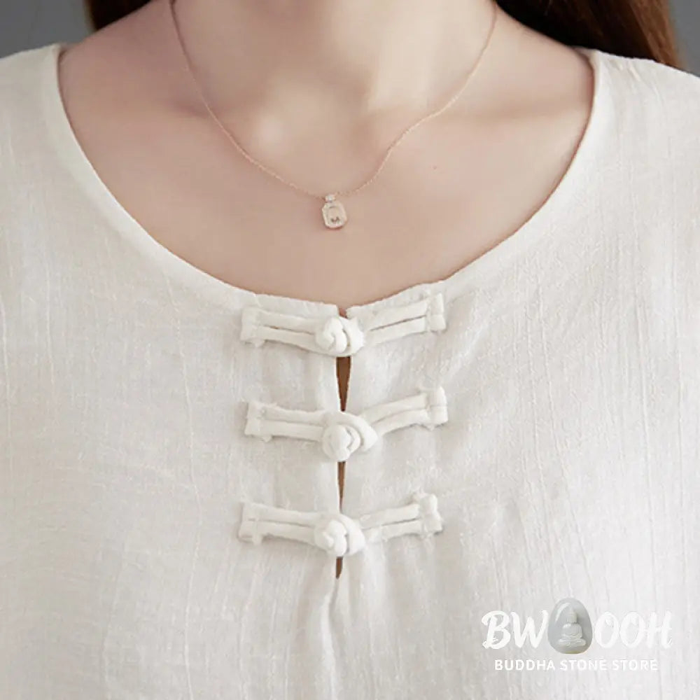 BWOOOH 2Pcs Beige Chinese Frog-Button Design Long Sleeve Shirt Top Pants Meditation Zen Tai Chi Cotton Linen Clothing