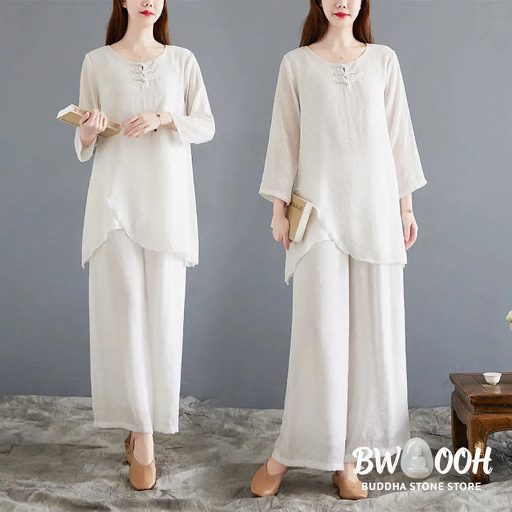 BWOOOH 2Pcs Beige Chinese Frog-Button Design Long Sleeve Shirt Top Pants Meditation Zen Tai Chi Cotton Linen Clothing