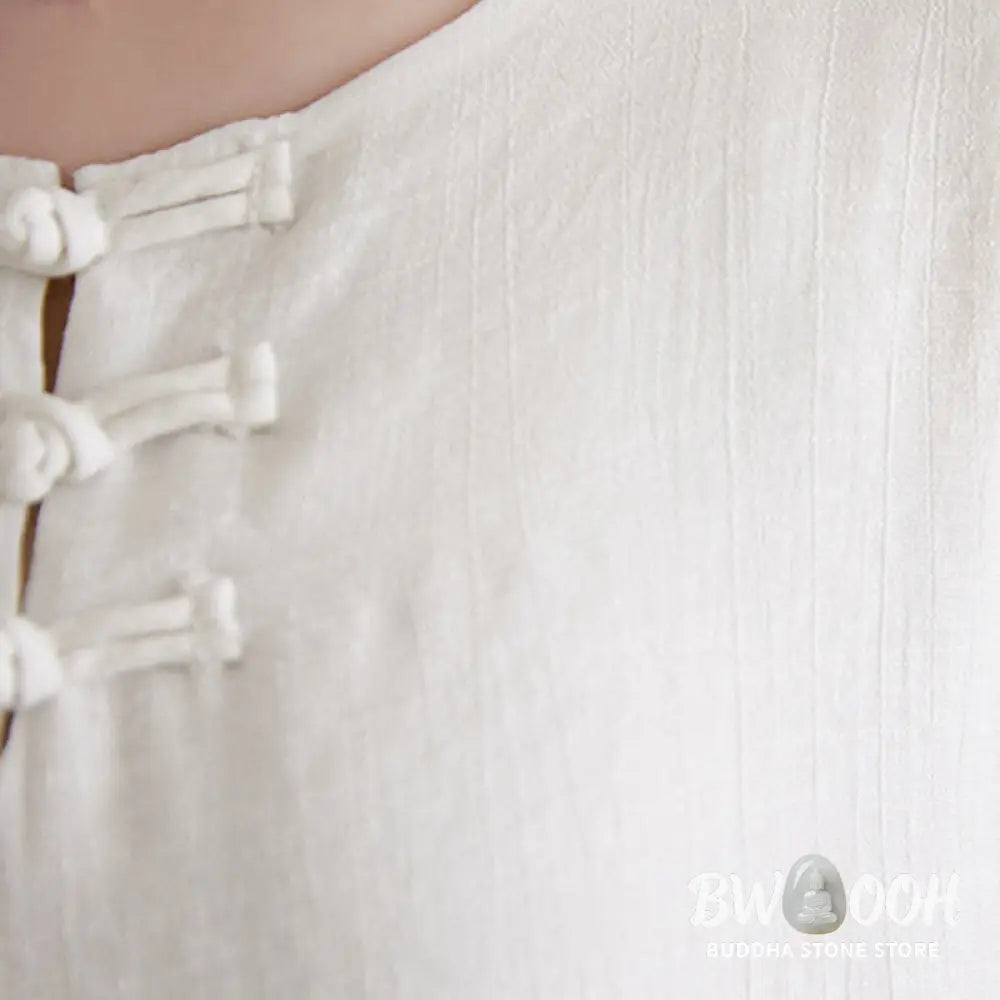 BWOOOH 2Pcs Beige Chinese Frog-Button Design Long Sleeve Shirt Top Pants Meditation Zen Tai Chi Cotton Linen Clothing
