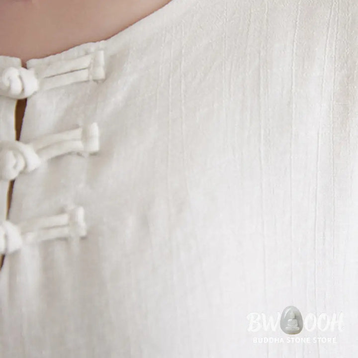 BWOOOH 2Pcs Beige Chinese Frog-Button Design Long Sleeve Shirt Top Pants Meditation Zen Tai Chi Cotton Linen Clothing