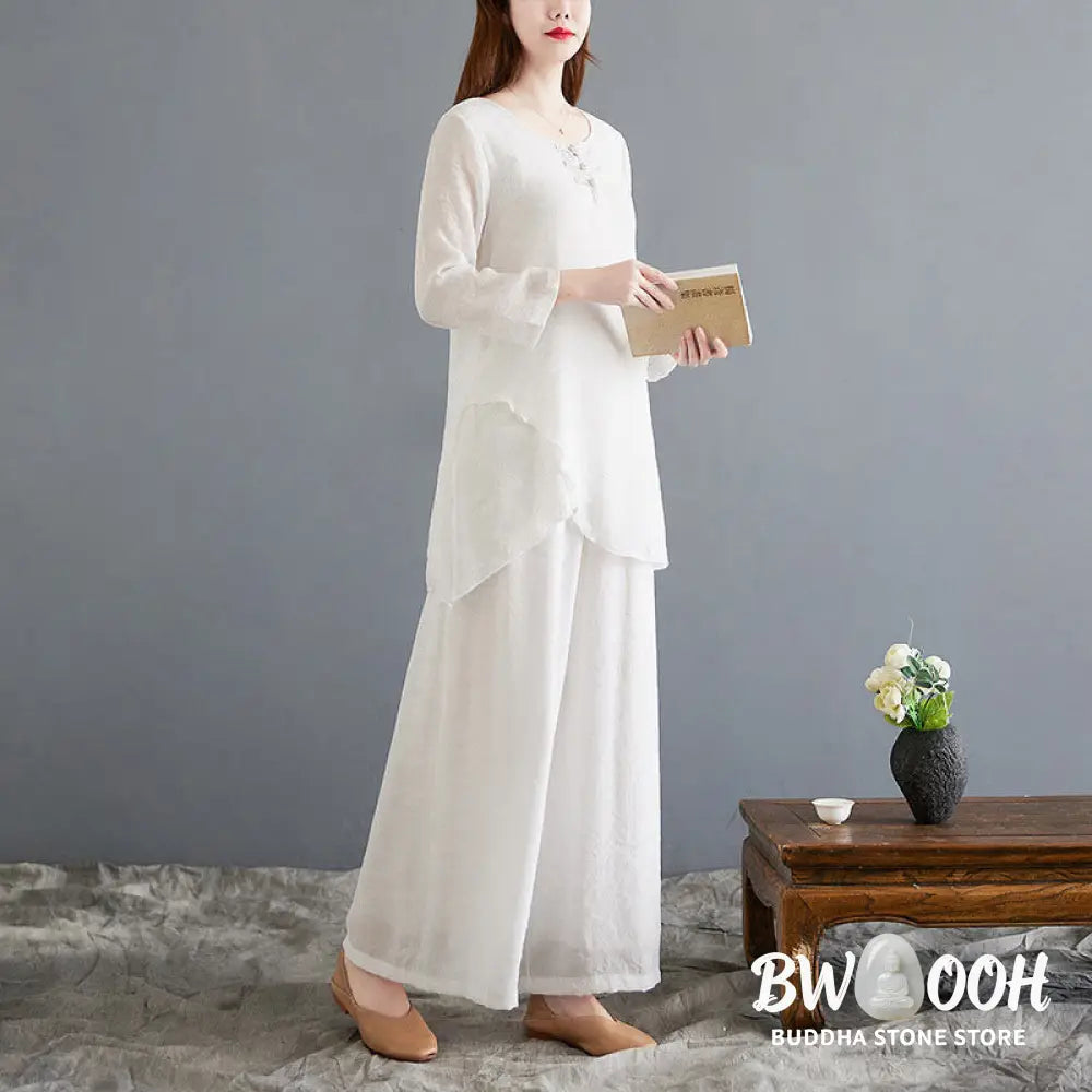 BWOOOH 2Pcs Beige Chinese Frog-Button Design Long Sleeve Shirt Top Pants Meditation Zen Tai Chi Cotton Linen Clothing