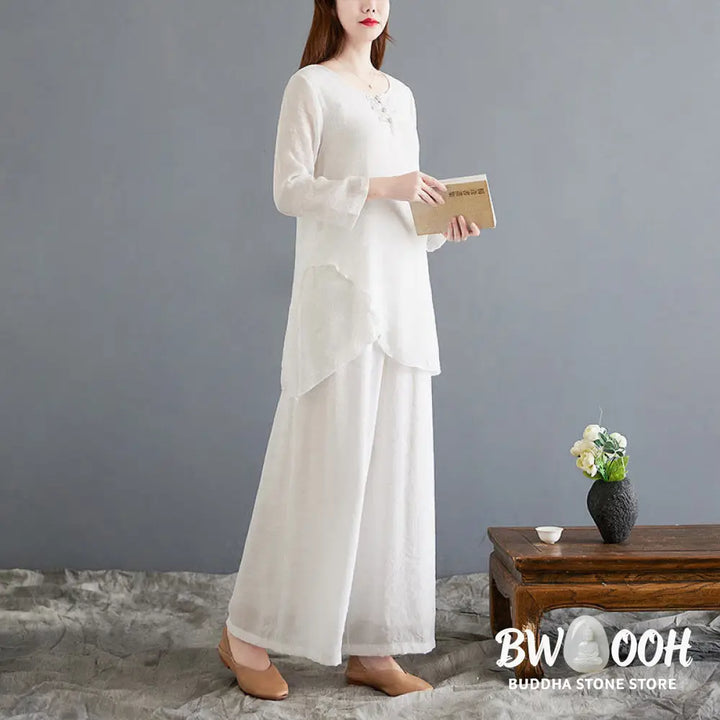 BWOOOH 2Pcs Beige Chinese Frog-Button Design Long Sleeve Shirt Top Pants Meditation Zen Tai Chi Cotton Linen Clothing