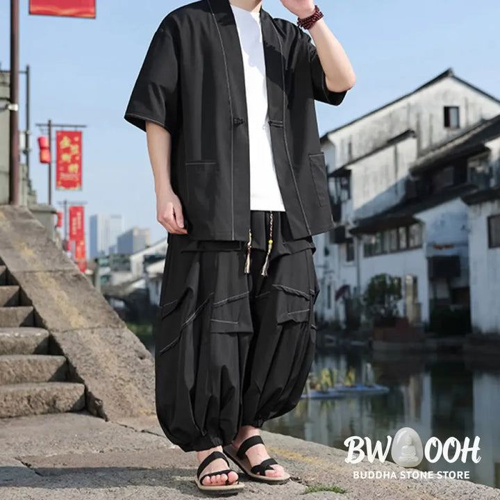 BWOOOH 2Pcs Black Frog-Button Cotton Men’s Kimono Jacket Drawstring Wide Leg Pants With Pockets - Men’s Meditation Cloth