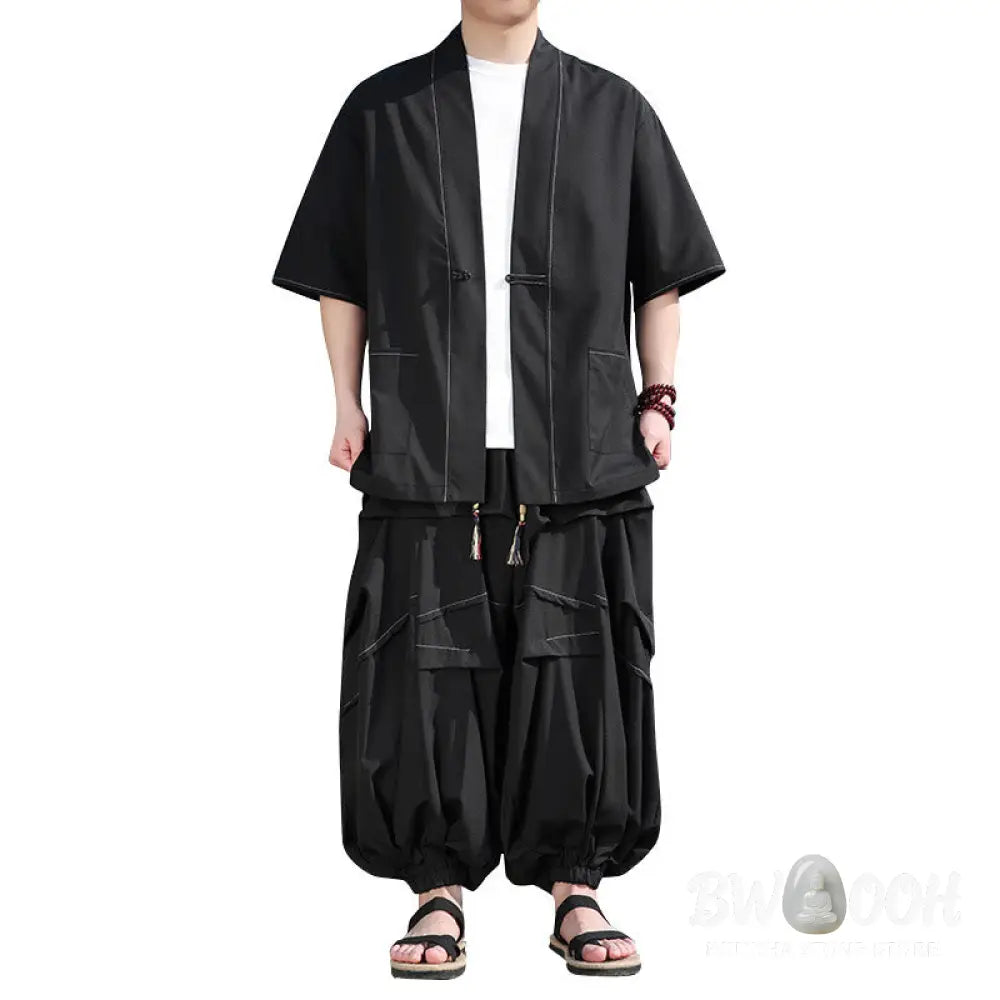 BWOOOH 2Pcs Black Frog-Button Cotton Men’s Kimono Jacket Drawstring Wide Leg Pants With Pockets - Men’s Meditation Cloth