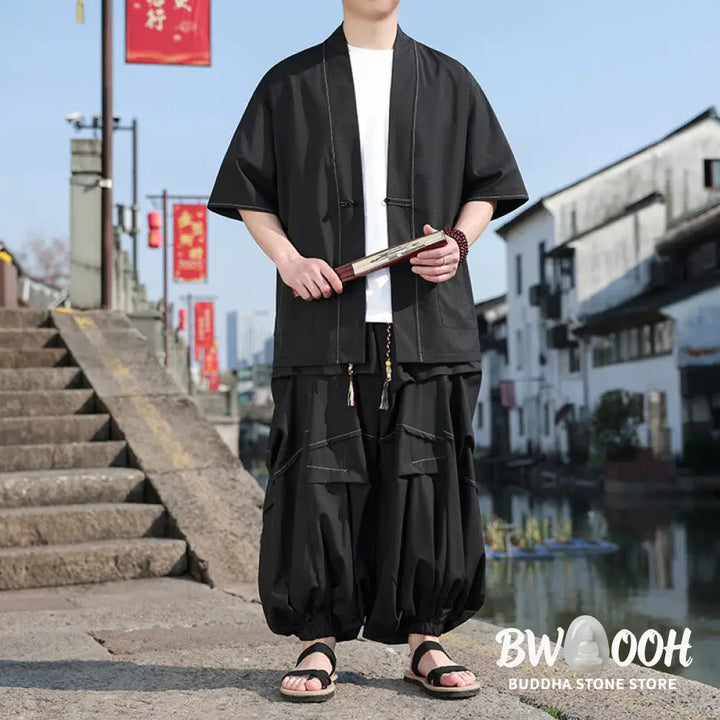 BWOOOH 2Pcs Black Frog-Button Cotton Men’s Kimono Jacket Drawstring Wide Leg Pants With Pockets - Men’s Meditation Cloth