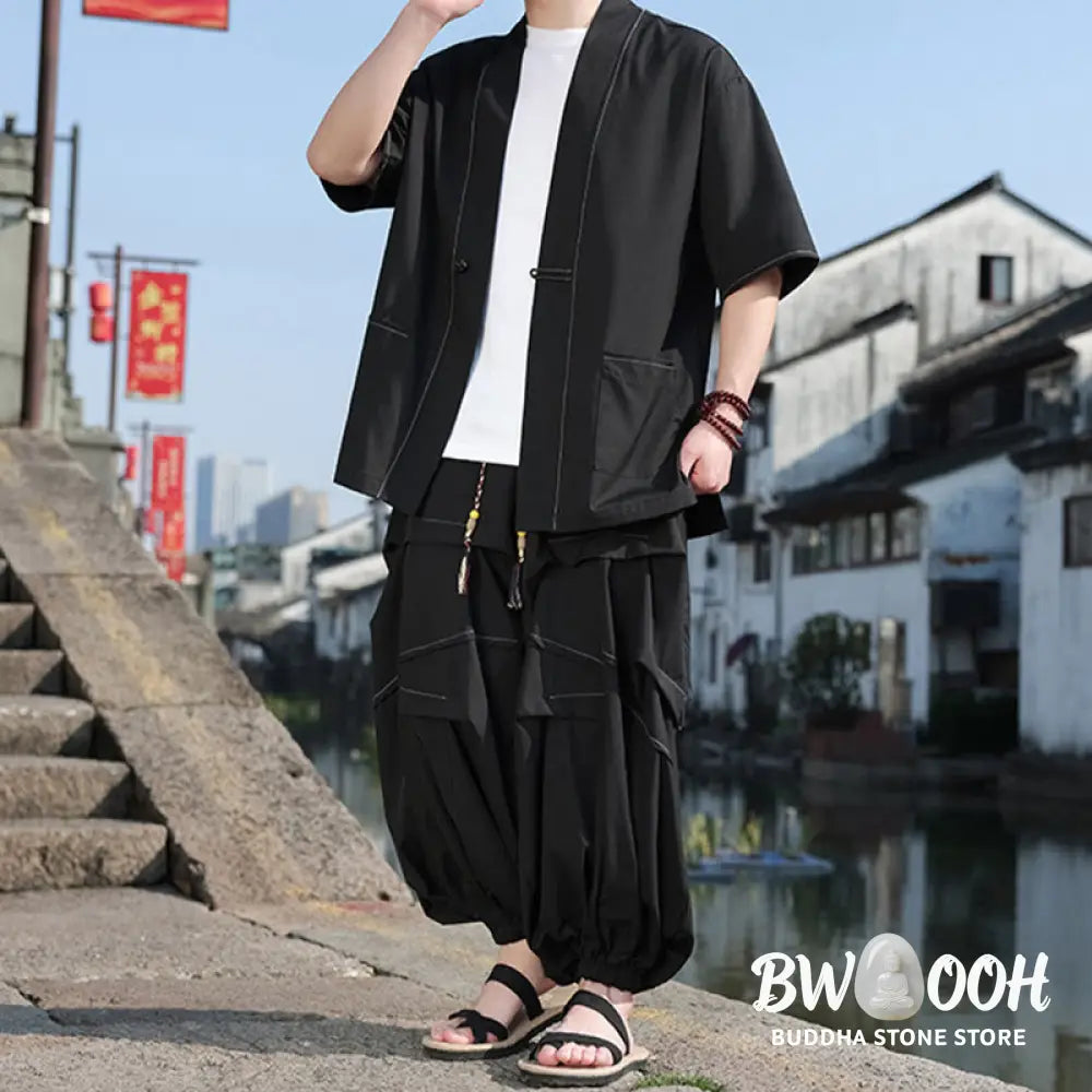 BWOOOH 2Pcs Black Frog-Button Cotton Men’s Kimono Jacket Drawstring Wide Leg Pants With Pockets - Men’s Meditation Cloth