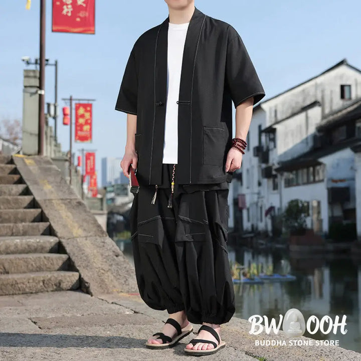 BWOOOH 2Pcs Black Frog-Button Cotton Men’s Kimono Jacket Drawstring Wide Leg Pants With Pockets - Men’s Meditation Cloth