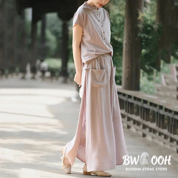 BWOOOH 2Pcs Buttons Short Sleeve Shirt Top Skirt With Pockets Meditation Cotton Women’s Set - Women’s Meditation Cloth