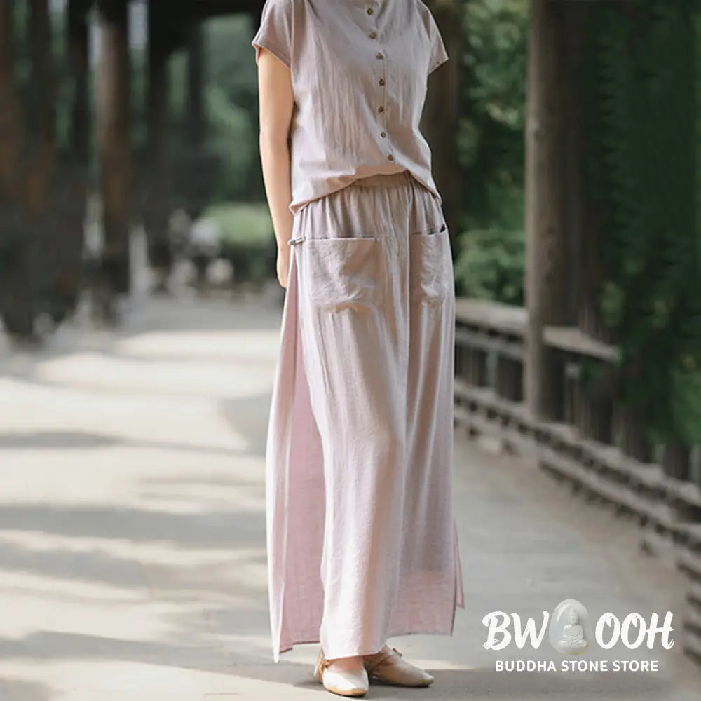 BWOOOH 2Pcs Buttons Short Sleeve Shirt Top Skirt With Pockets Meditation Cotton Women’s Set - Women’s Meditation Cloth