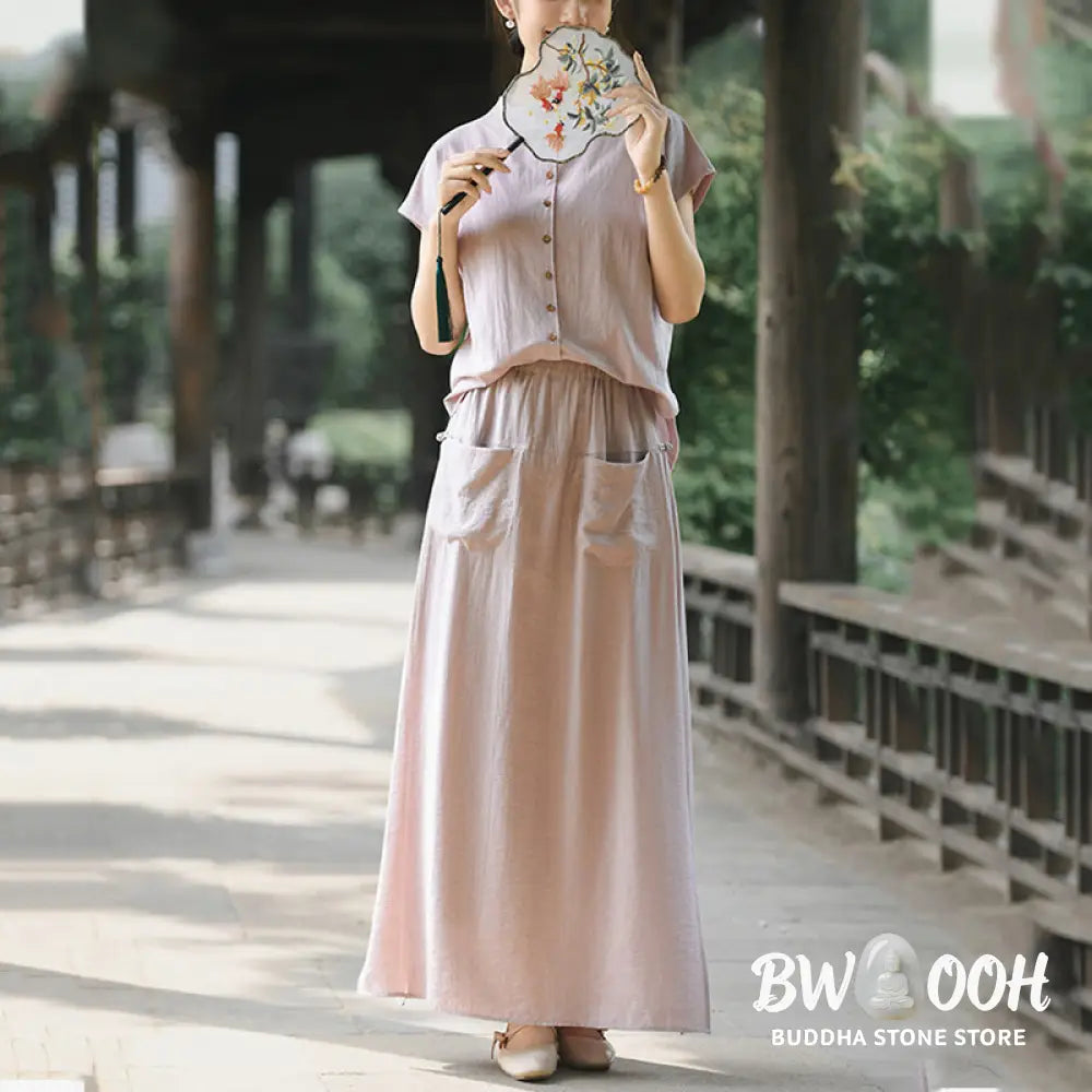 BWOOOH 2Pcs Buttons Short Sleeve Shirt Top Skirt With Pockets Meditation Cotton Women’s Set - Women’s Meditation Cloth