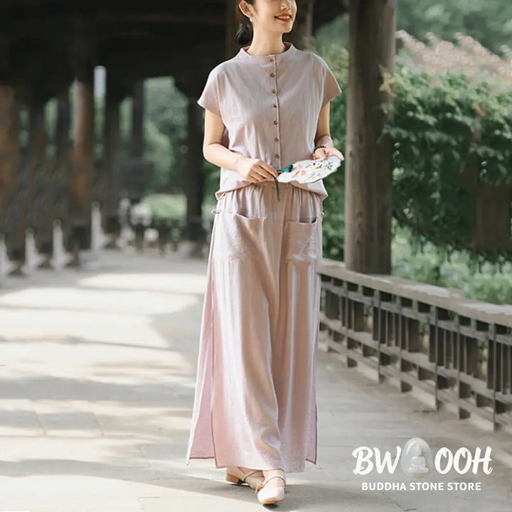 BWOOOH 2Pcs Buttons Short Sleeve Shirt Top Skirt With Pockets Meditation Cotton Women’s Set - Women’s Meditation Cloth