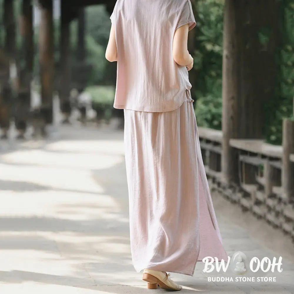BWOOOH 2Pcs Buttons Short Sleeve Shirt Top Skirt With Pockets Meditation Cotton Women’s Set - Women’s Meditation Cloth