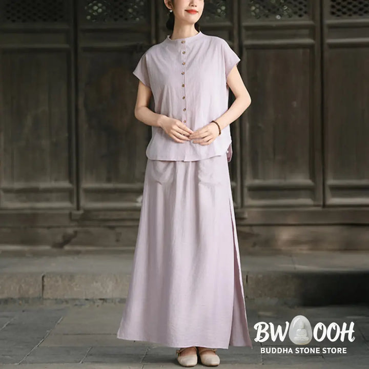 BWOOOH 2Pcs Buttons Short Sleeve Shirt Top Skirt With Pockets Meditation Cotton Women’s Set - Women’s Meditation Cloth