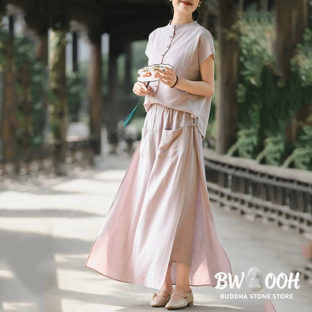 BWOOOH 2Pcs Buttons Short Sleeve Shirt Top Skirt With Pockets Meditation Cotton Women’s Set - Women’s Meditation Cloth