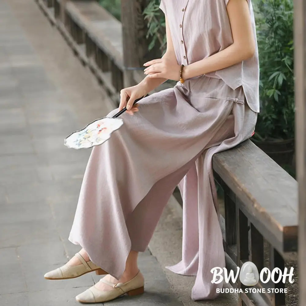 BWOOOH 2Pcs Buttons Short Sleeve Shirt Top Skirt With Pockets Meditation Cotton Women’s Set - Women’s Meditation Cloth