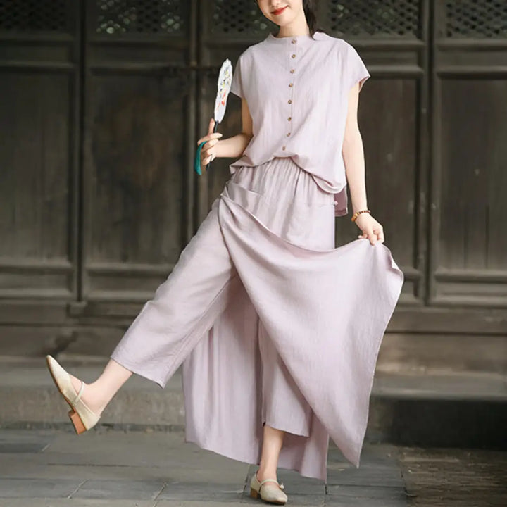 BWOOOH 2Pcs Buttons Short Sleeve Shirt Top Skirt With Poc