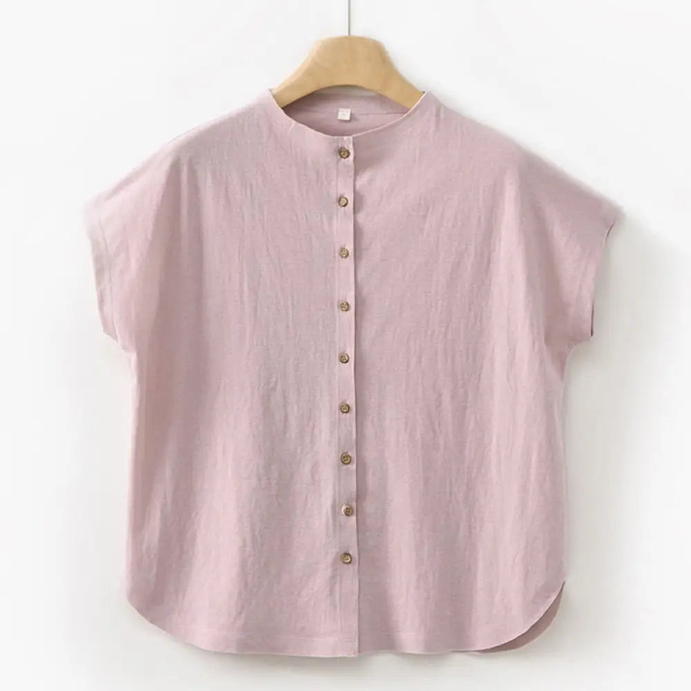 BWOOOH 2Pcs Buttons Short Sleeve Shirt Top Skirt With Pockets Meditation Cotton Women’s Set - LightPink Shirt