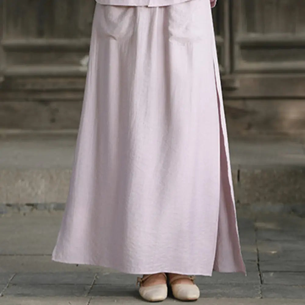 BWOOOH 2Pcs Buttons Short Sleeve Shirt Top Skirt With Pockets Meditation Cotton Women’s Set - RosyBrown Skirt