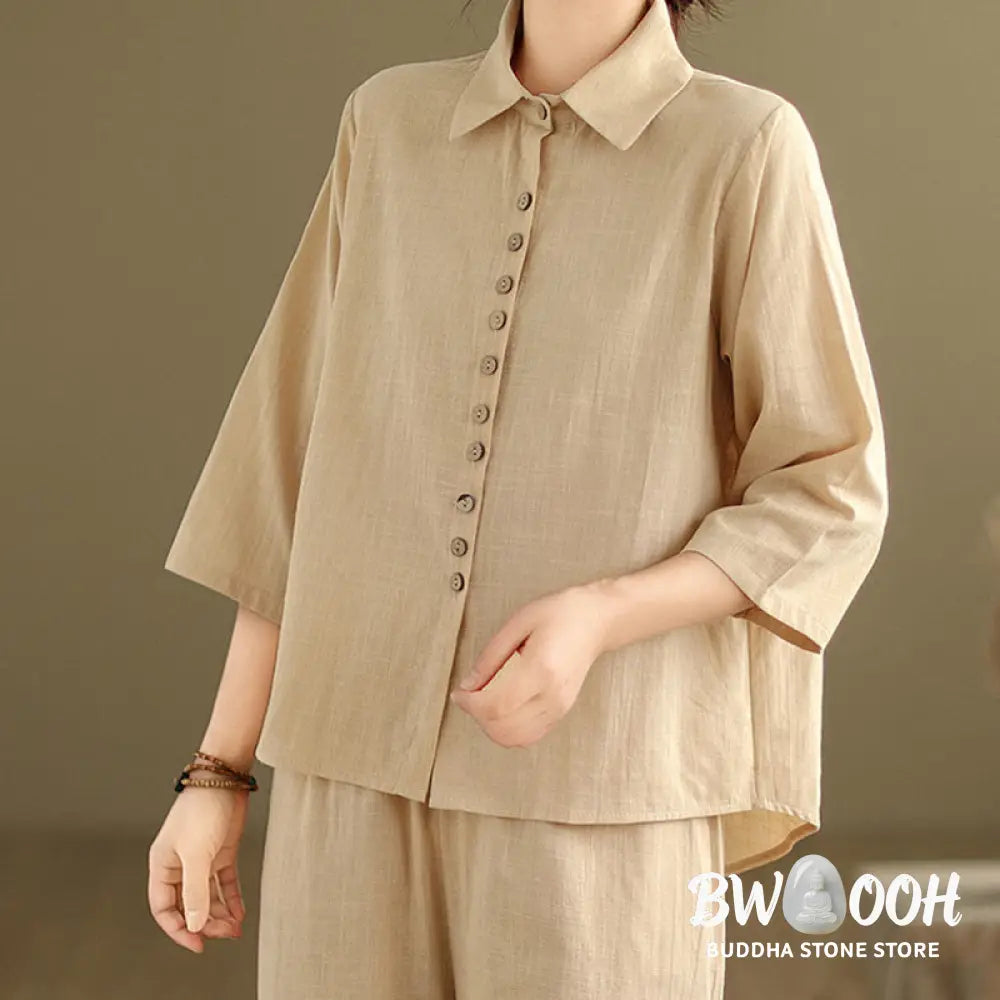 BWOOOH 2pcs Casual Women’s Stand Collar Shirt Loose Pants Meditation Clothing Set - Women’s Meditation Cloth