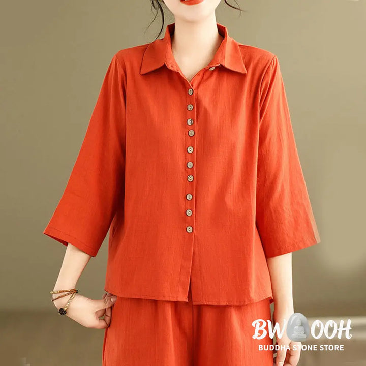 BWOOOH 2pcs Casual Women’s Stand Collar Shirt Loose Pants Meditation Clothing Set - Women’s Meditation Cloth
