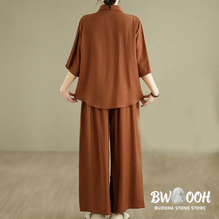 BWOOOH 2pcs Casual Women’s Stand Collar Shirt Loose Pants Meditation Clothing Set - Women’s Meditation Cloth