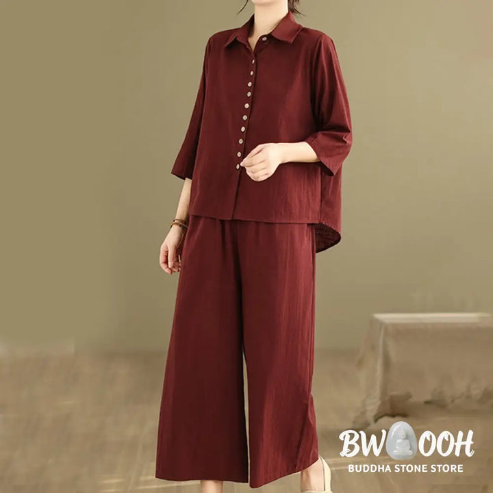 BWOOOH 2pcs Casual Women’s Stand Collar Shirt Loose Pants Meditation Clothing Set - Women’s Meditation Cloth