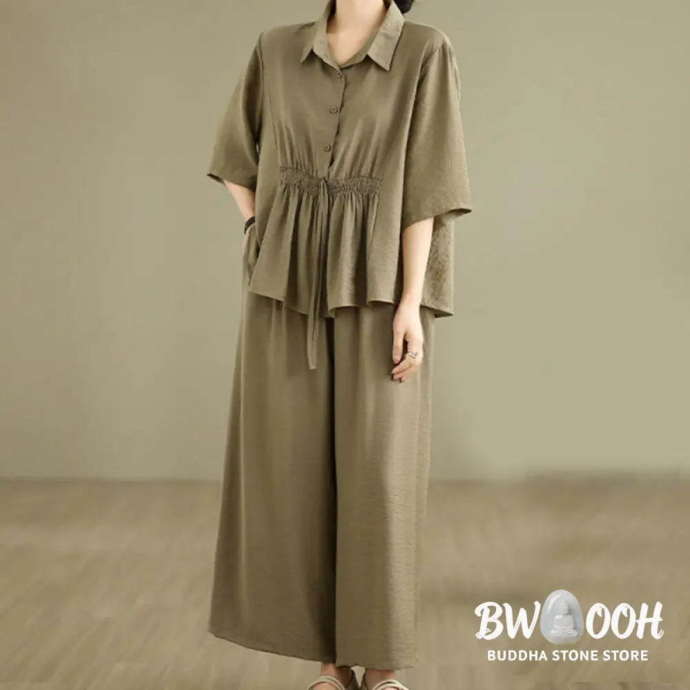 BWOOOH 2pcs Casual Women’s Stand Collar Shirt Loose Pants Meditation Clothing Set - Women’s Meditation Cloth