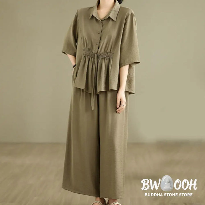 BWOOOH 2pcs Casual Women’s Stand Collar Shirt Loose Pants Meditation Clothing Set - Women’s Meditation Cloth