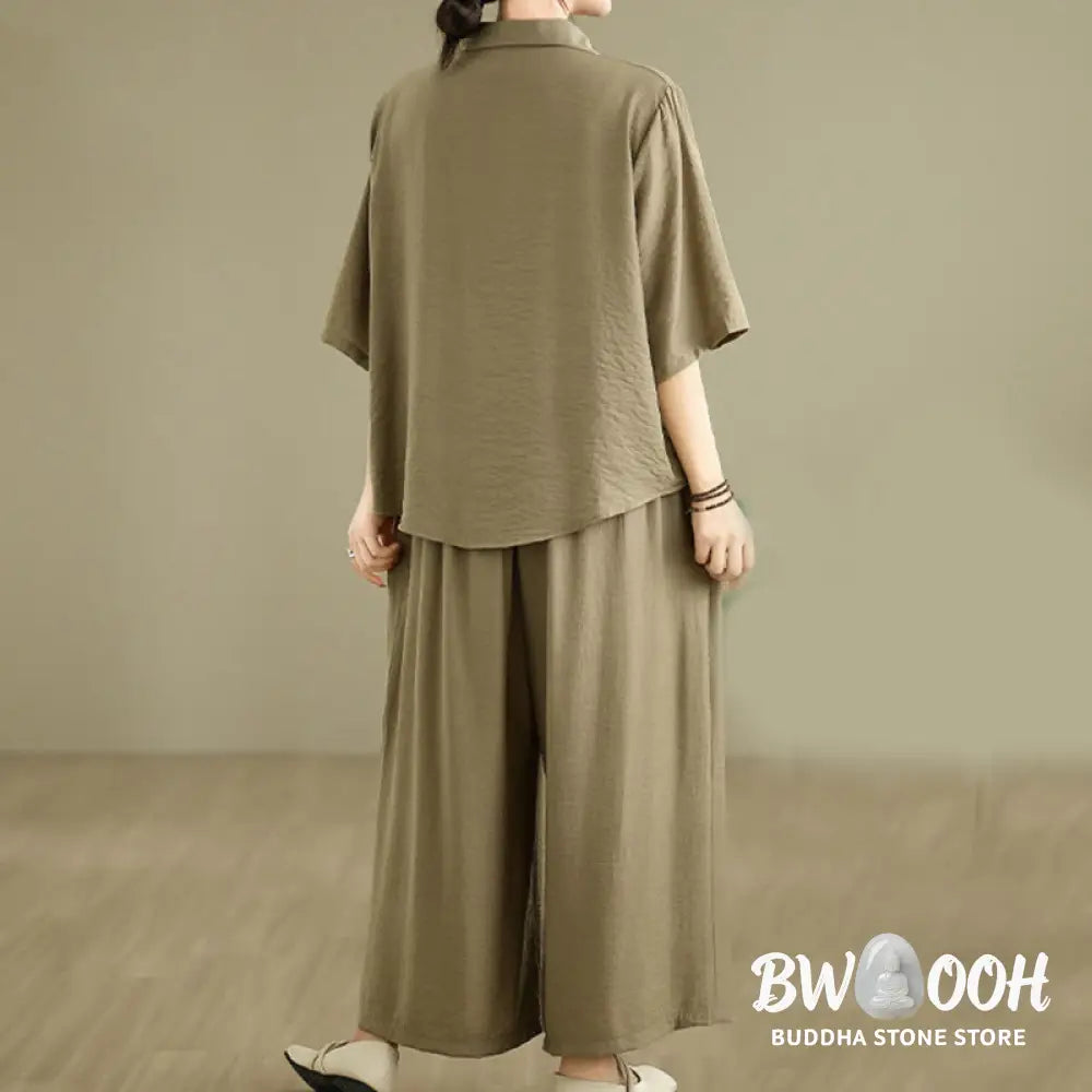 BWOOOH 2pcs Casual Women’s Stand Collar Shirt Loose Pants Meditation Clothing Set - Women’s Meditation Cloth