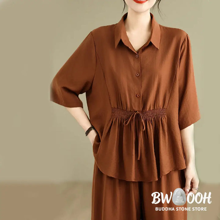 BWOOOH 2pcs Casual Women’s Stand Collar Shirt Loose Pants Meditation Clothing Set - Women’s Meditation Cloth