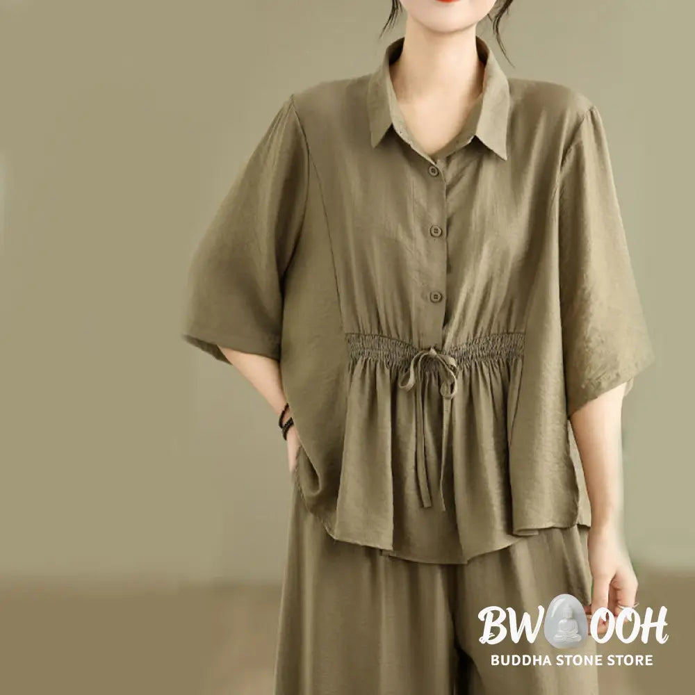 BWOOOH 2pcs Casual Women’s Stand Collar Shirt Loose Pants Meditation Clothing Set - Women’s Meditation Cloth