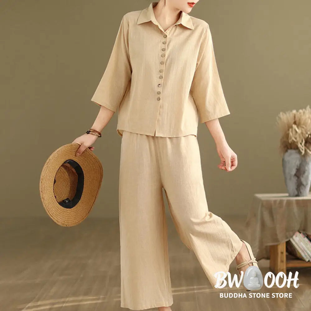 BWOOOH 2pcs Casual Women’s Stand Collar Shirt Loose Pants Meditation Clothing Set - Women’s Meditation Cloth