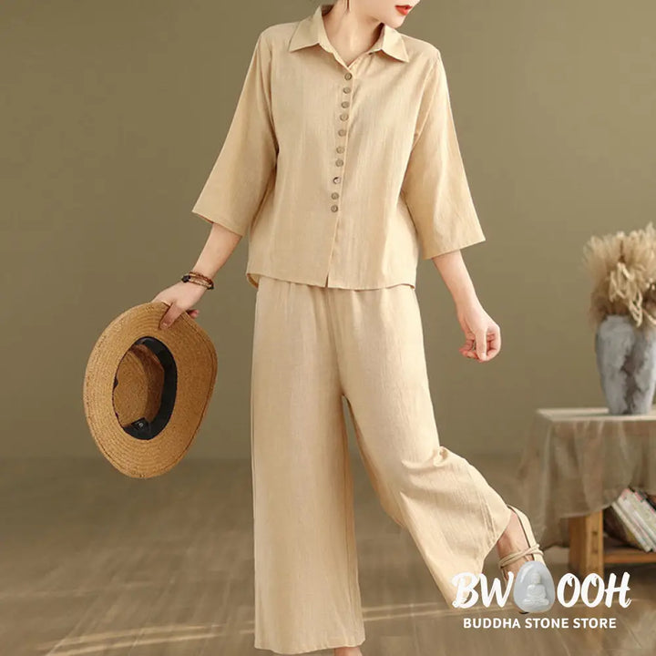 BWOOOH 2pcs Casual Women’s Stand Collar Shirt Loose Pants Meditation Clothing Set - Women’s Meditation Cloth