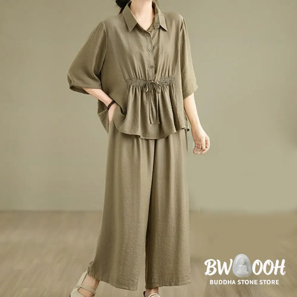 BWOOOH 2pcs Casual Women’s Stand Collar Shirt Loose Pants Meditation Clothing Set - Women’s Meditation Cloth