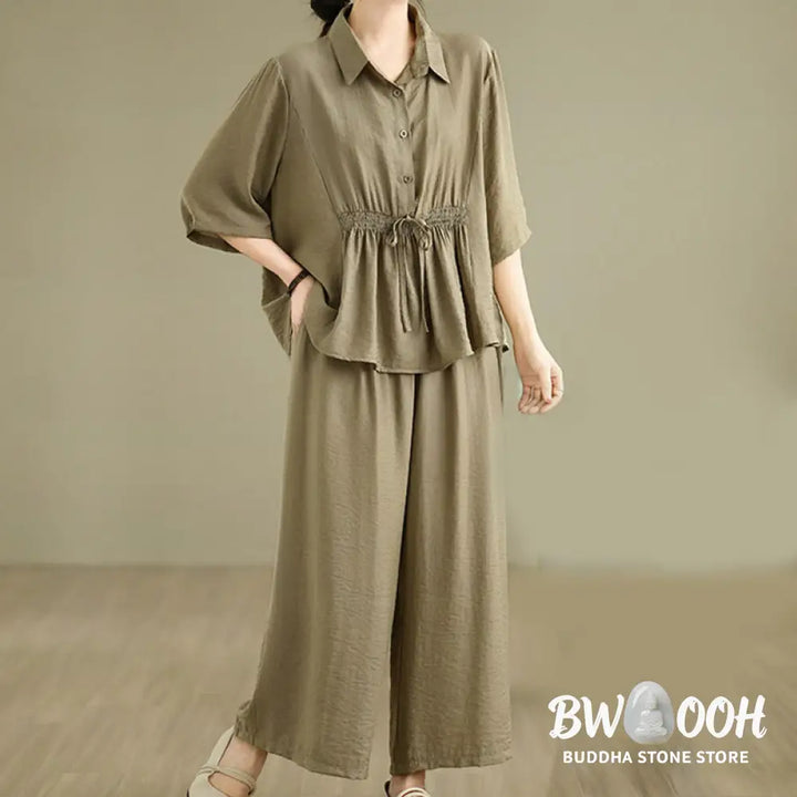 BWOOOH 2pcs Casual Women’s Stand Collar Shirt Loose Pants Meditation Clothing Set - Women’s Meditation Cloth