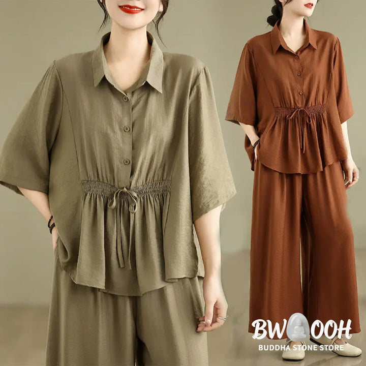 BWOOOH 2pcs Casual Women’s Stand Collar Shirt Loose Pants Meditation Clothing Set - Women’s Meditation Cloth