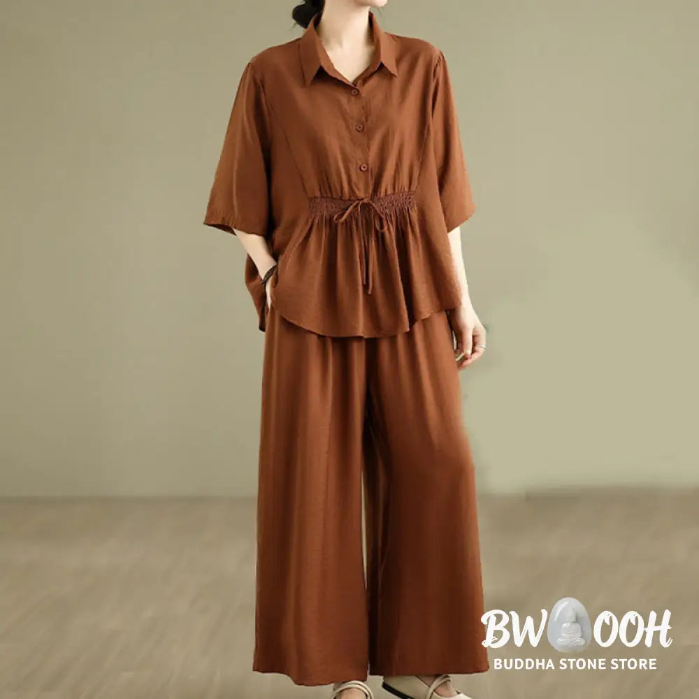 BWOOOH 2pcs Casual Women’s Stand Collar Shirt Loose Pants Meditation Clothing Set - Women’s Meditation Cloth