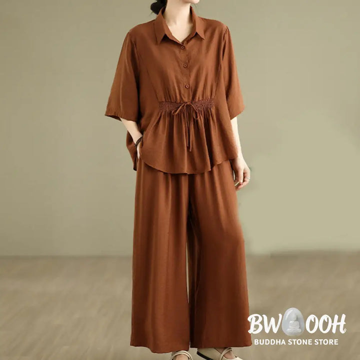 BWOOOH 2pcs Casual Women’s Stand Collar Shirt Loose Pants Meditation Clothing Set - Women’s Meditation Cloth