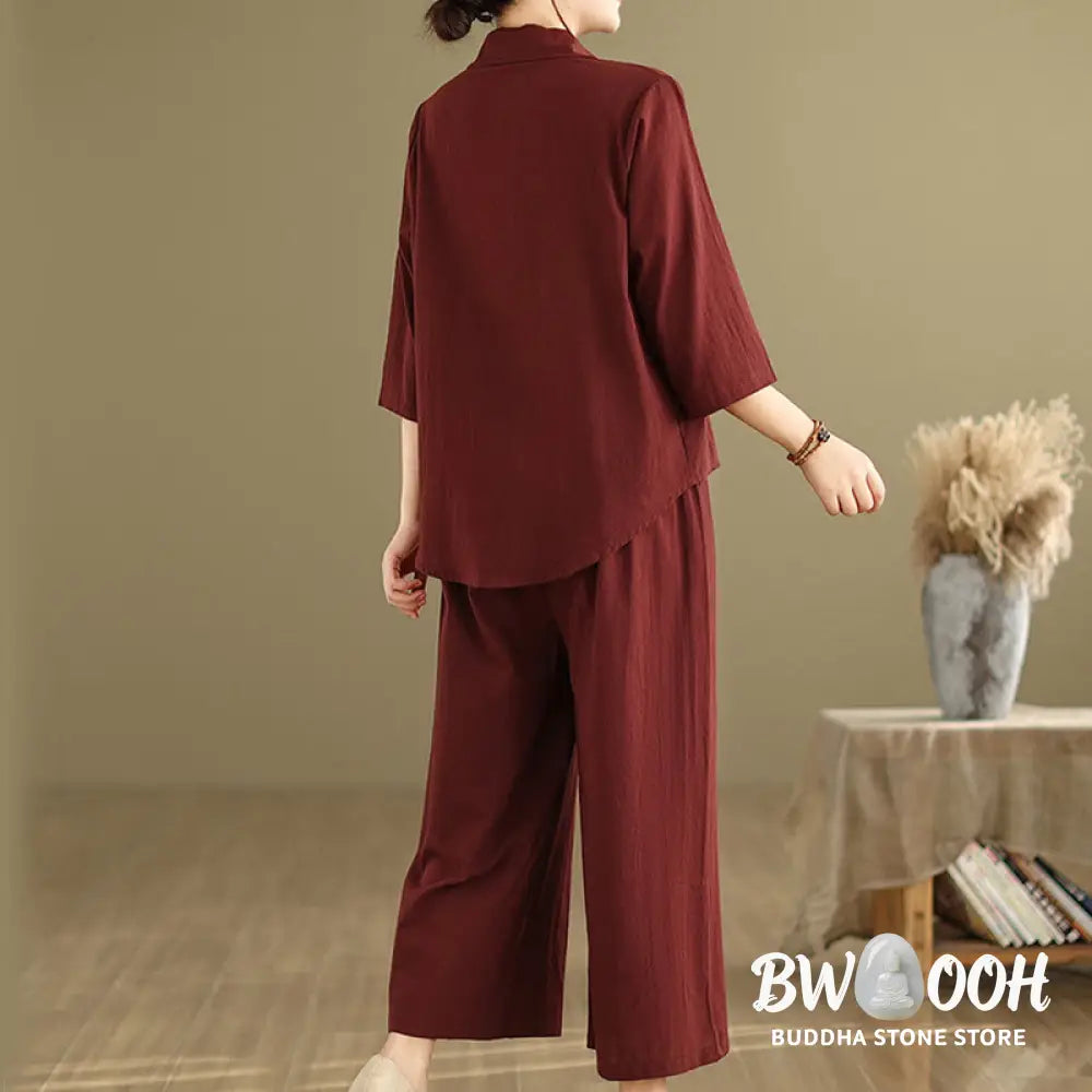 BWOOOH 2pcs Casual Women’s Stand Collar Shirt Loose Pants Meditation Clothing Set - Women’s Meditation Cloth