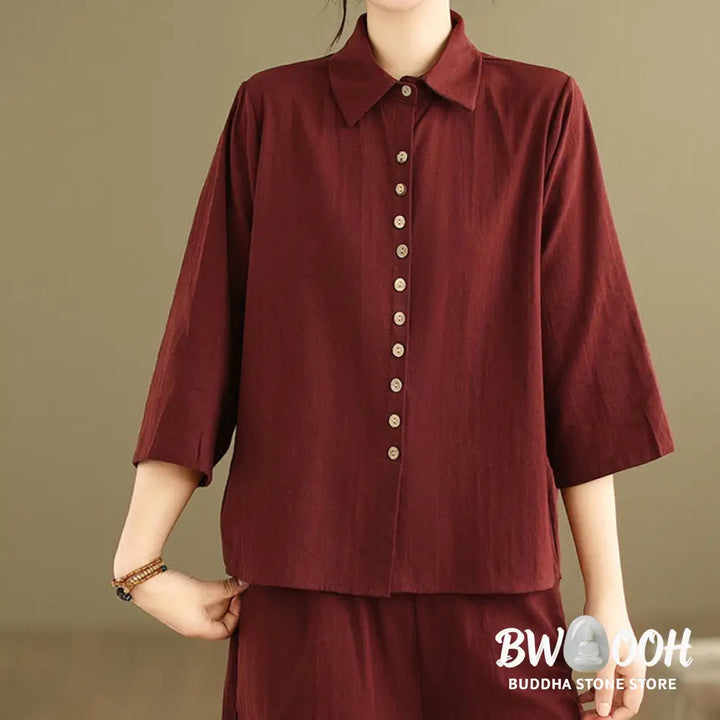 BWOOOH 2pcs Casual Women’s Stand Collar Shirt Loose Pants Meditation Clothing Set - Women’s Meditation Cloth
