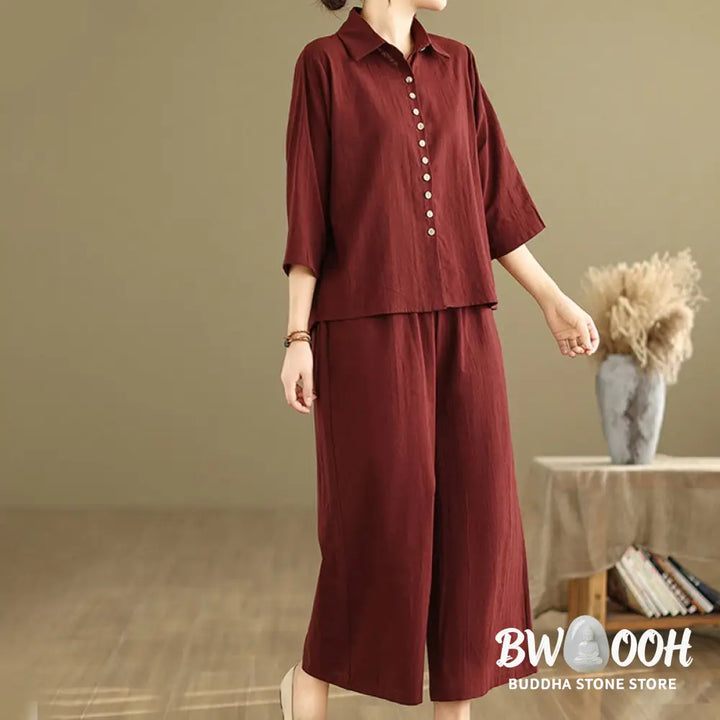 BWOOOH 2pcs Casual Women’s Stand Collar Shirt Loose Pants Meditation Clothing Set - Women’s Meditation Cloth