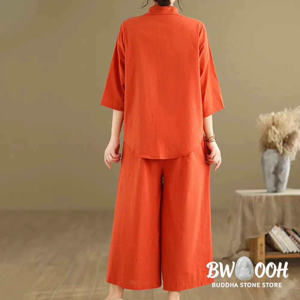 BWOOOH 2pcs Casual Women’s Stand Collar Shirt Loose Pants Meditation Clothing Set - Women’s Meditation Cloth